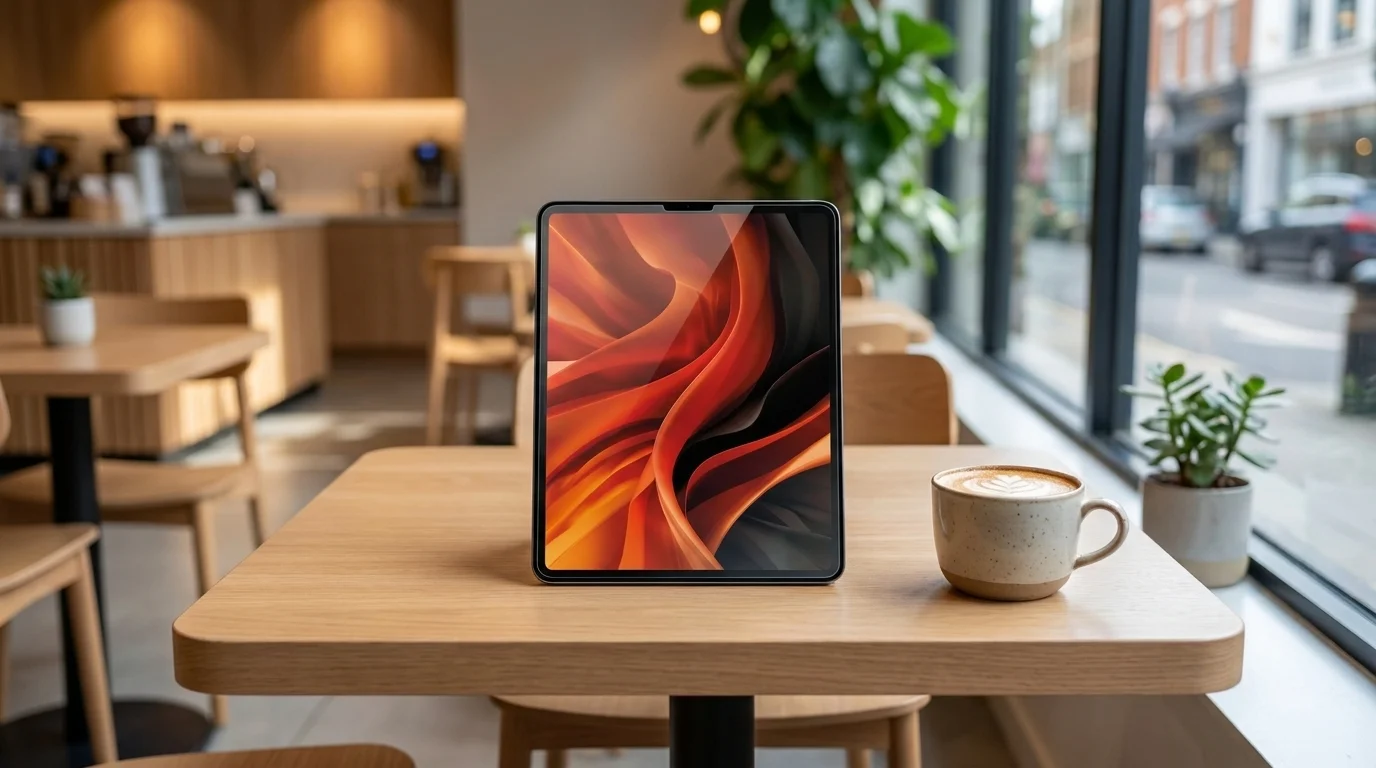 iPad Air s ochranným sklem Mobile Origin stojící na dřevěném stole v kavárně vedle šálku kávy.