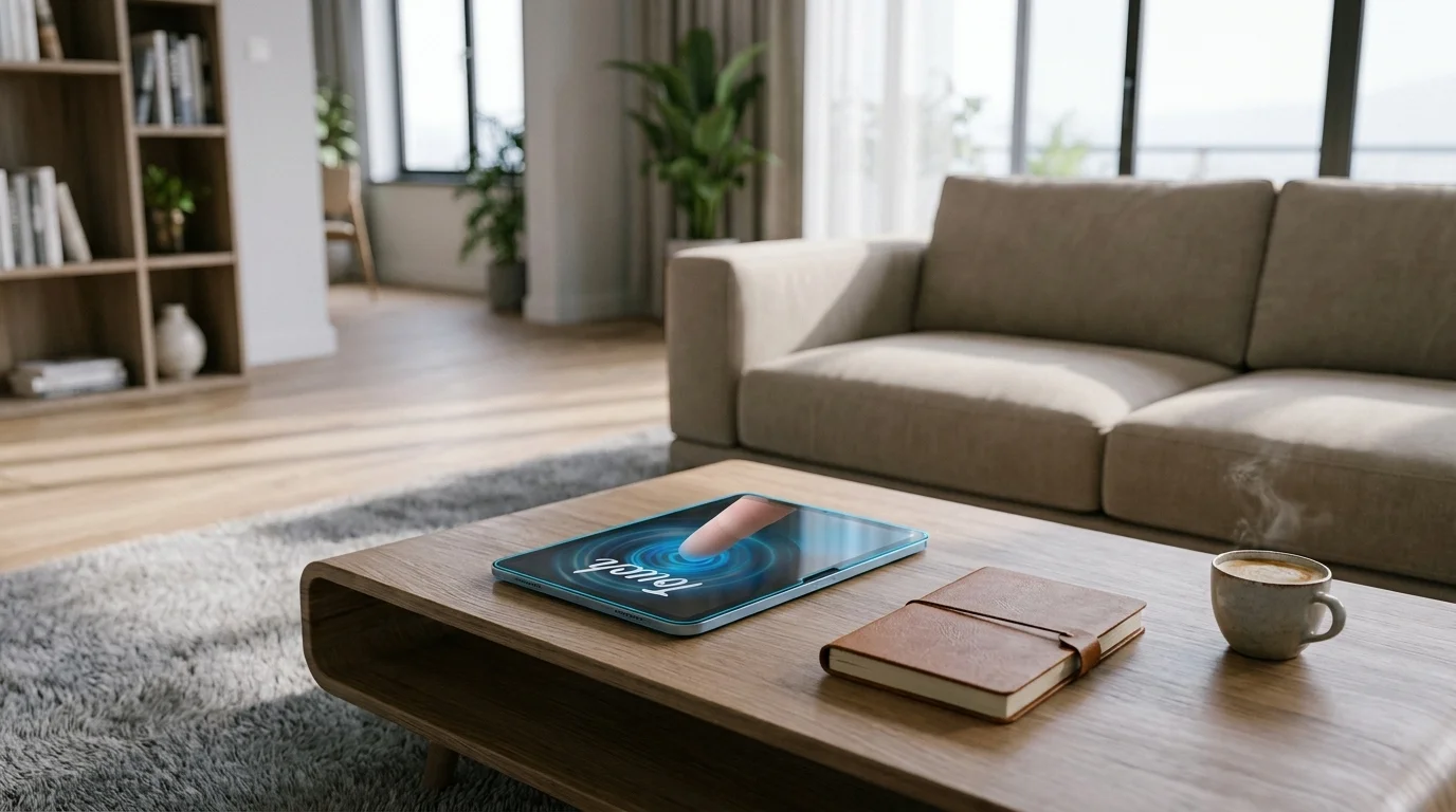 Tablet iPad s ochranným sklem Spigen leží na konferenčním stolku v obývacím pokoji vedle zápisníku a šálku kávy.