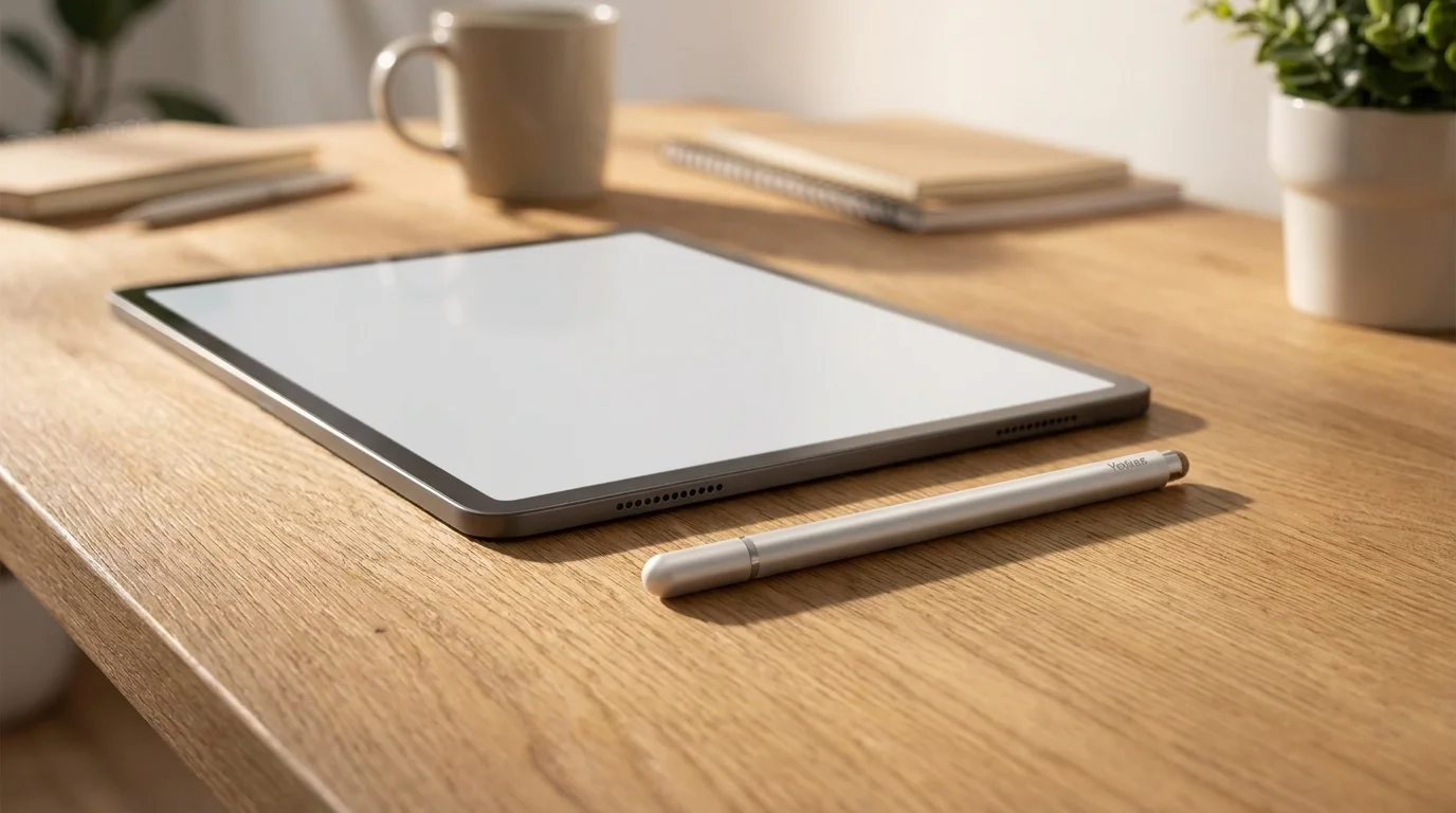 Stříbrný pasivní stylus Yenkee YTP P2 ležící na dřevěném stole vedle tabletu.