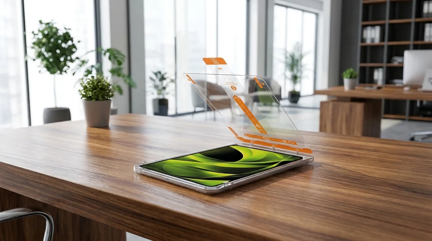 Instalace ochranného skla na tablet pomocí aplikačního rámečku na dřevěném stole.