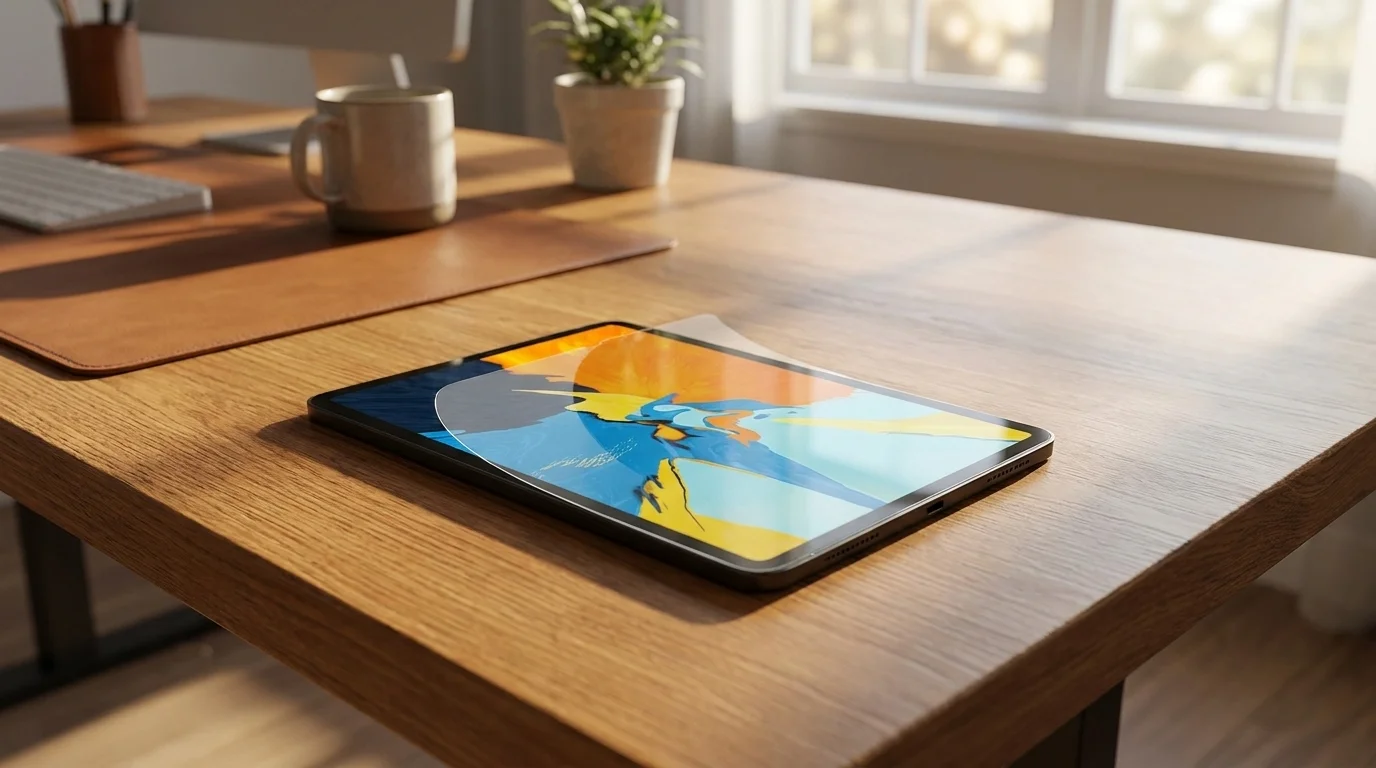 Ochranné sklo Epico Flexiglass na displeji tabletu iPad položeného na dřevěném stole.