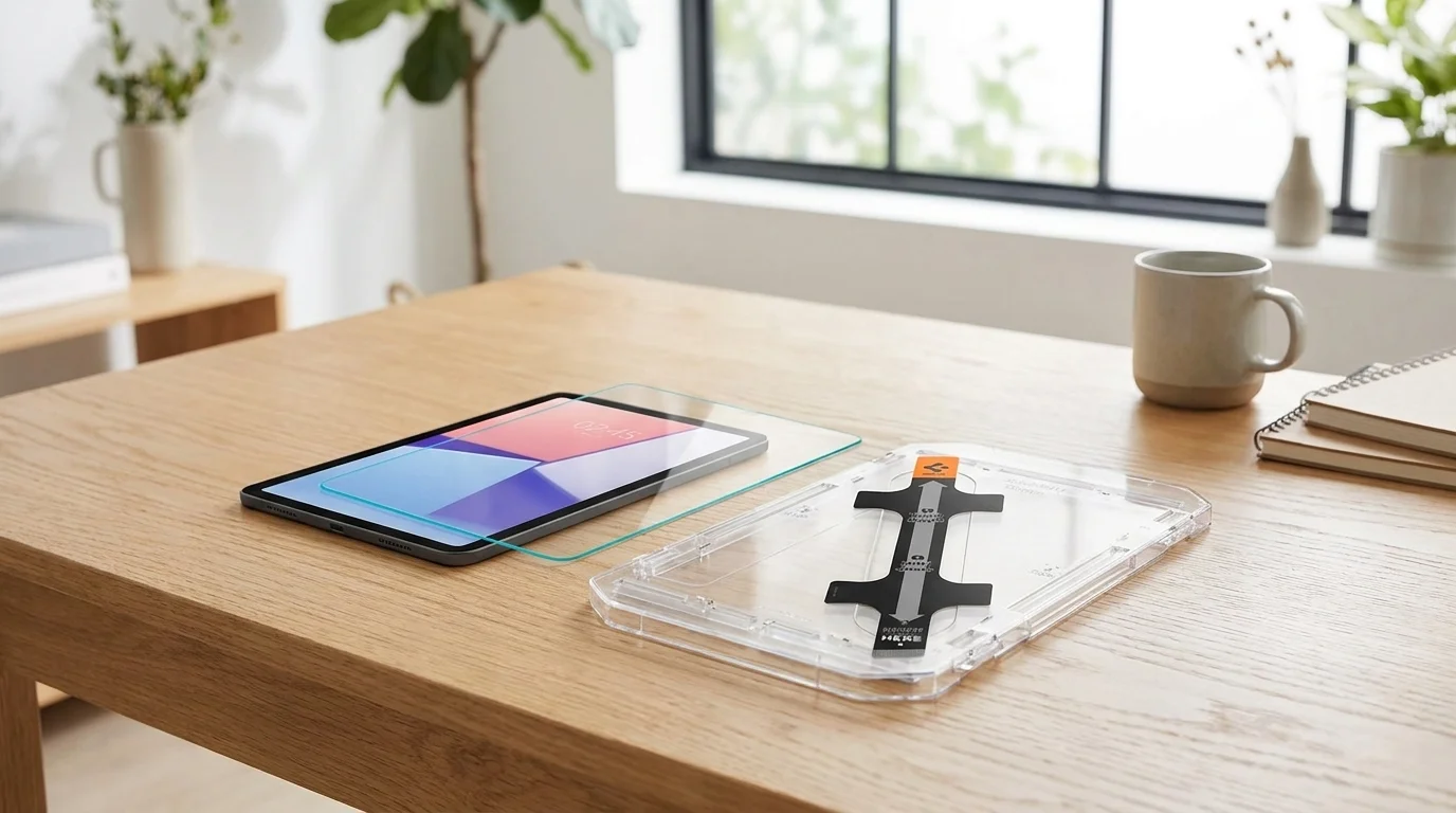 Tablet položený na dřevěném stole s ochranným sklem a instalačním rámečkem Spigen EZ Fit.