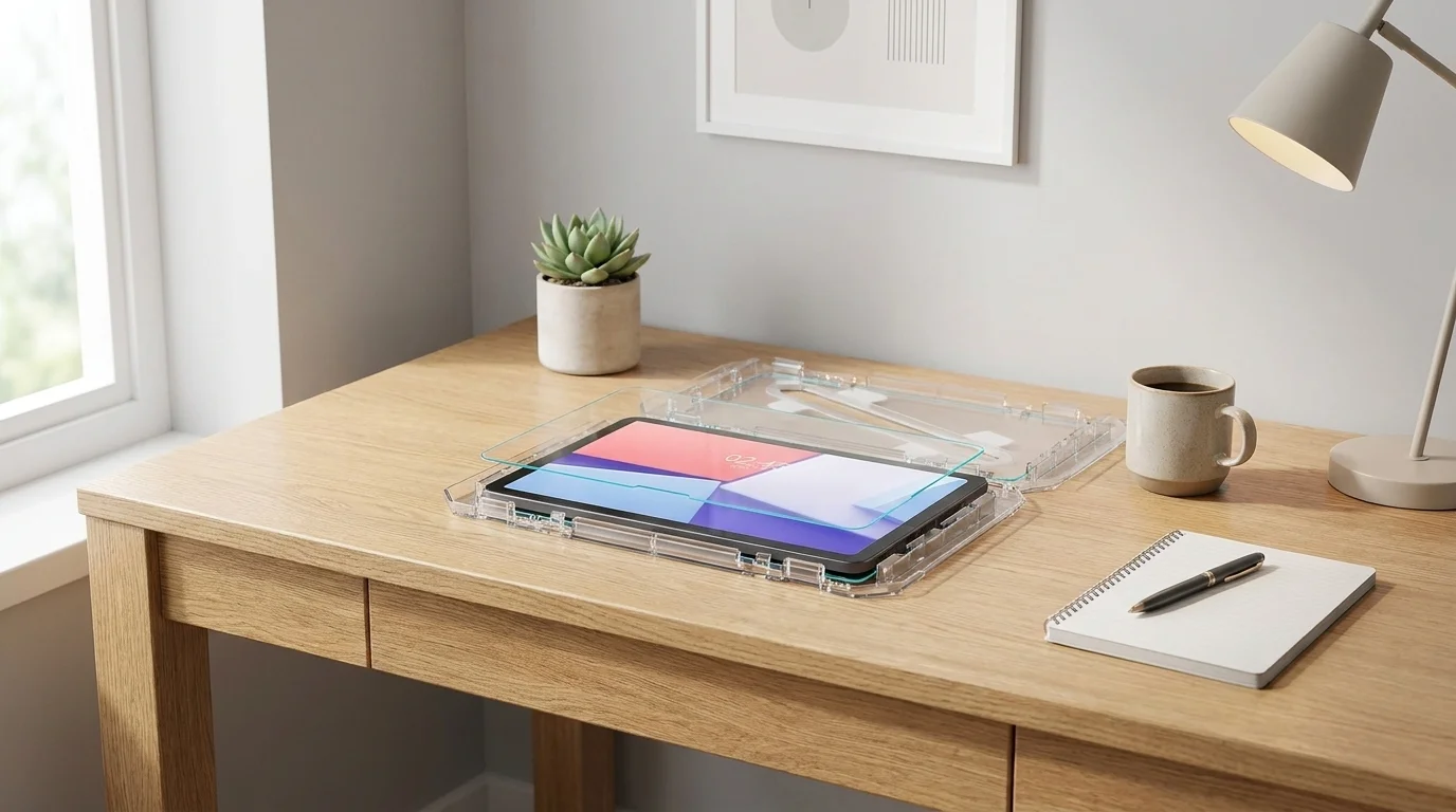 Tablet v průhledném instalačním rámečku s ochranným sklem Spigen Glas.tR EZ Fit na dřevěném stole.