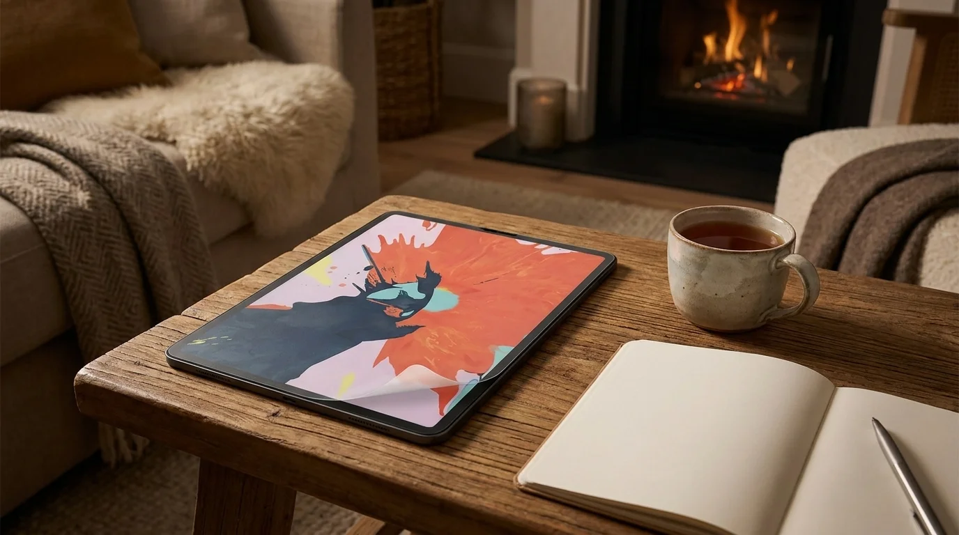 iPad s ochrannou fólií Epico Paper-Like na dřevěném stolku vedle šálku a otevřeného zápisníku.