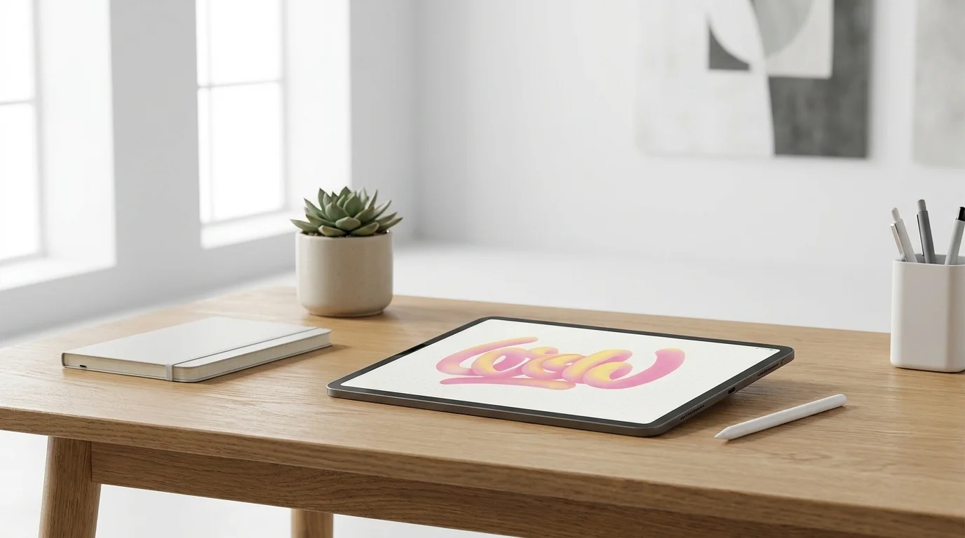 Tablet s matným displejem a barevnou kresbou leží na dřevěném stole vedle stylusu a zápisníku.