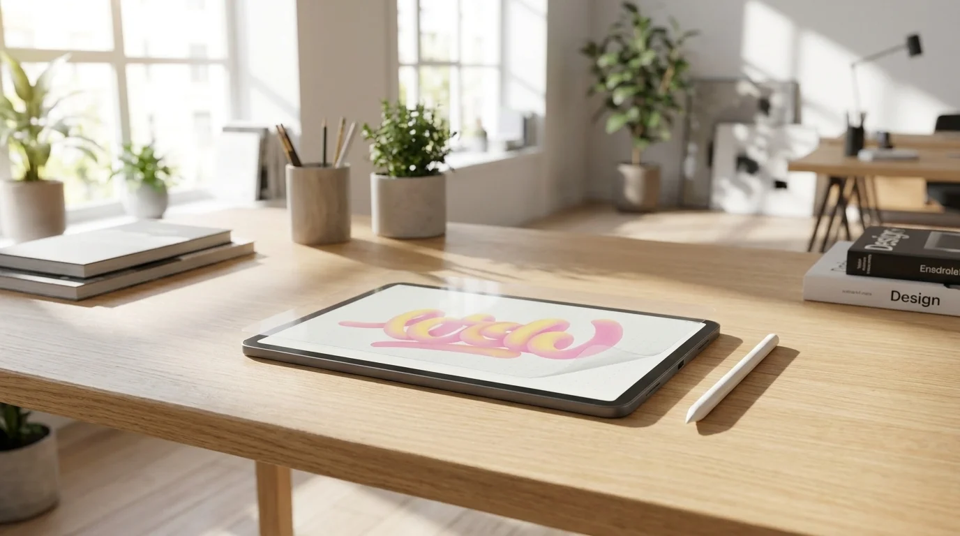 iPad Pro s matnou fólií Paperlike a bílým stylusem položený na světlém dřevěném stole.