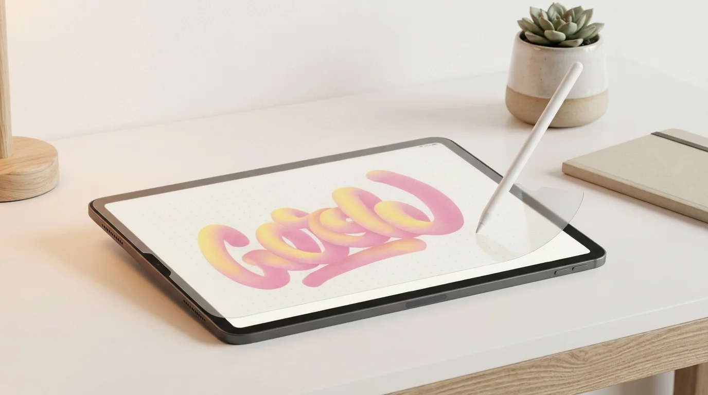 Ochranná fólie Paperlike na displeji iPadu Pro se stylusem Apple Pencil při kreslení na bílém stole.