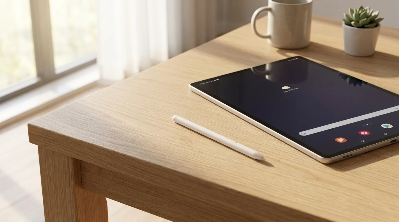 Béžové dotykové pero Samsung S Pen položené na dřevěném stole vedle tabletu.
