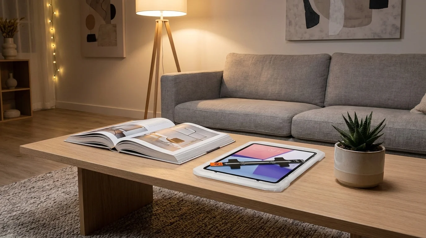 Tablet iPad s nasazeným instalačním rámečkem ochranného skla Spigen Glas.tR EZ Fit na dřevěném konferenčním stolku.
