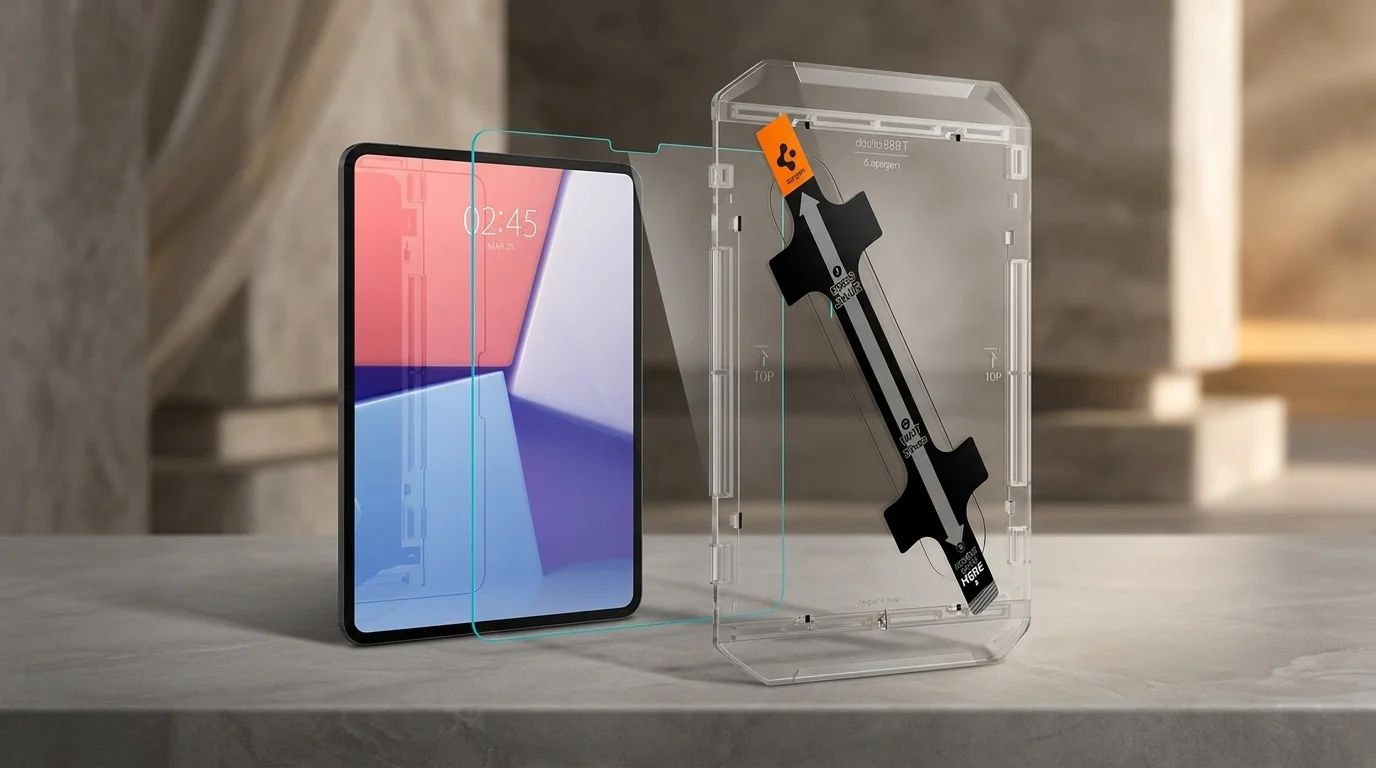 Ochranné sklo Spigen Glas.tR EZ Fit a průhledný instalační rámeček vedle tabletu iPad Pro.