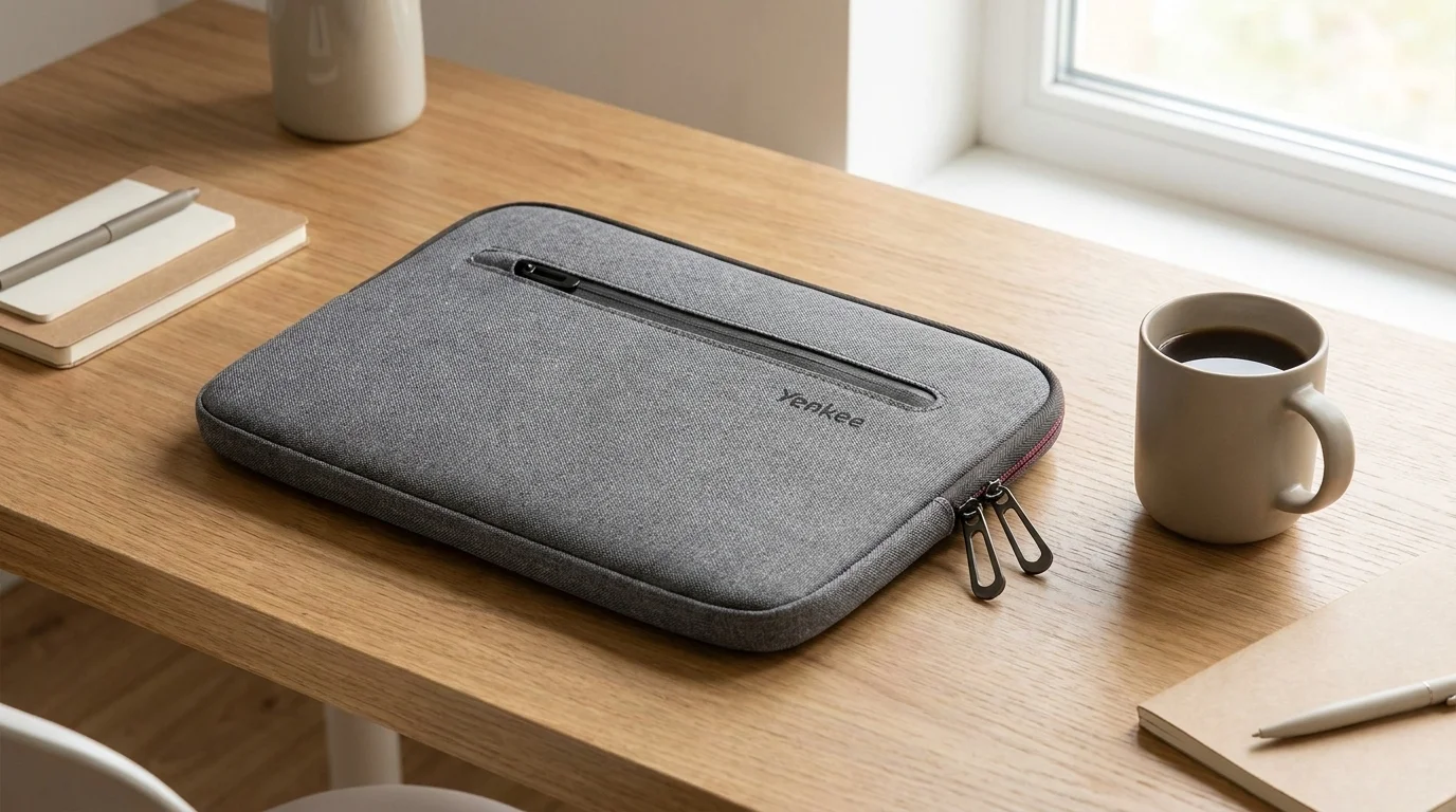 Sivé puzdro na tablet Yenkee položené na drevenom stole vedľa šálky kávy a zápisníka.