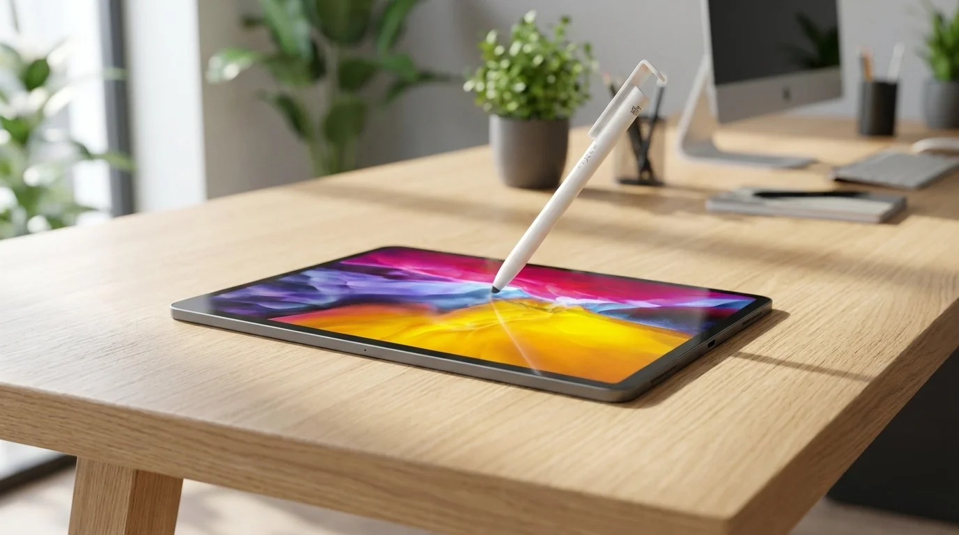 Bílé dotykové pero Fixed Pen 3v1 se dotýká barevného displeje tabletu na dřevěném stole.