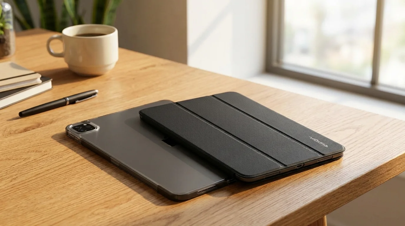 Černé pouzdro Spigen Liquid Air Folio na iPad Pro 11 položené na dřevěném stole vedle šálku a pera.