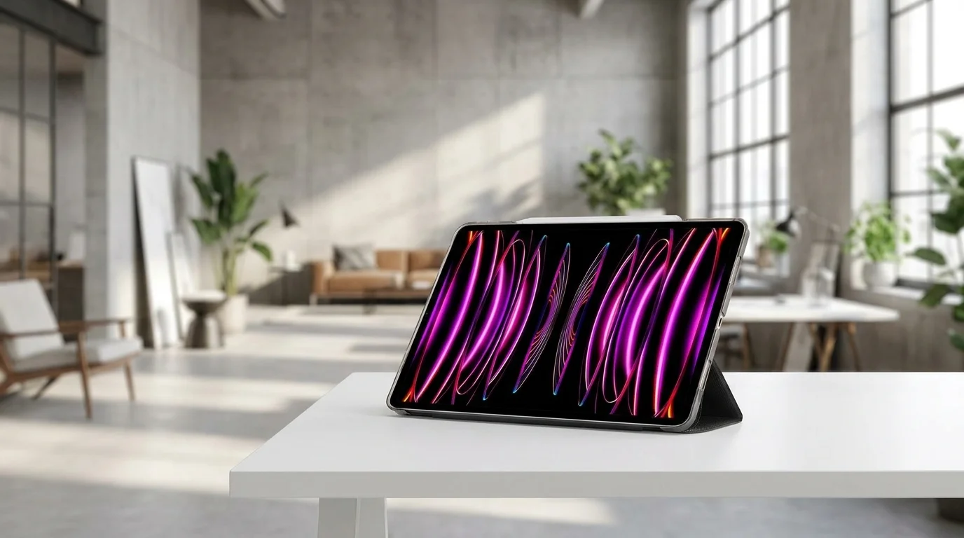 iPad Pro v pouzdře Spigen Liquid Air Folio podepřený jako stojánek na bílém stole v moderním interiéru.