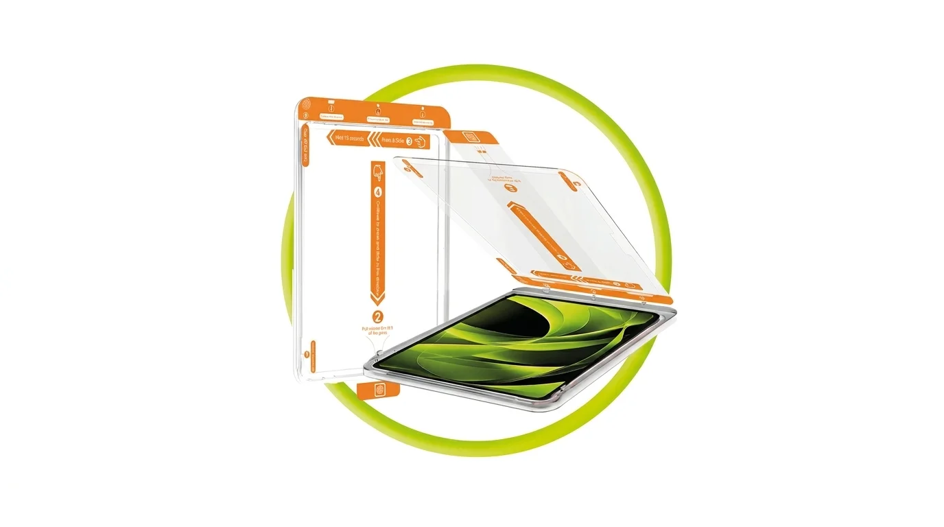 Instalační rámeček s vyznačeným postupem pro aplikaci ochranného skla Mobile Origin na iPad Air 13".