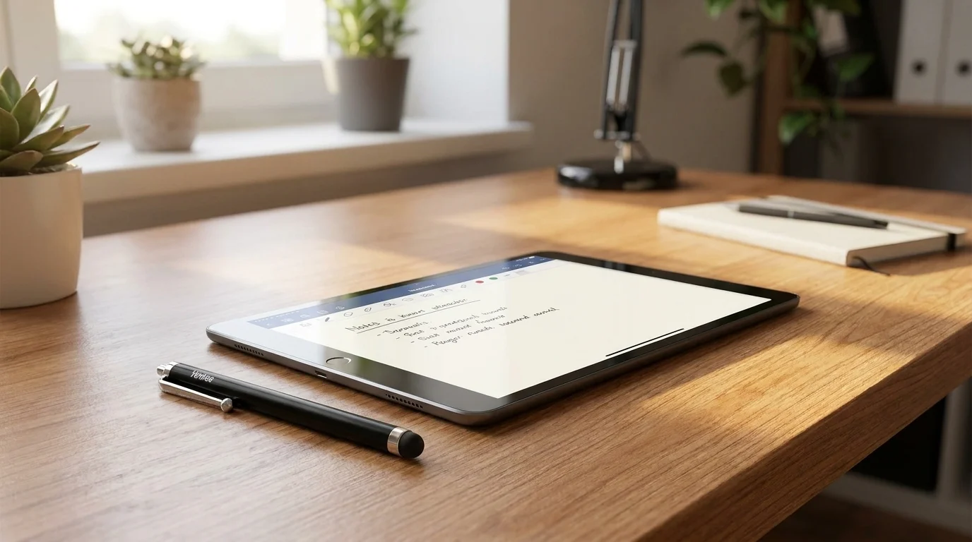 Čierny pasívny stylus Yenkee YTP P1 položený na drevenom stole vedľa tabletu so zobrazenými poznámkami.