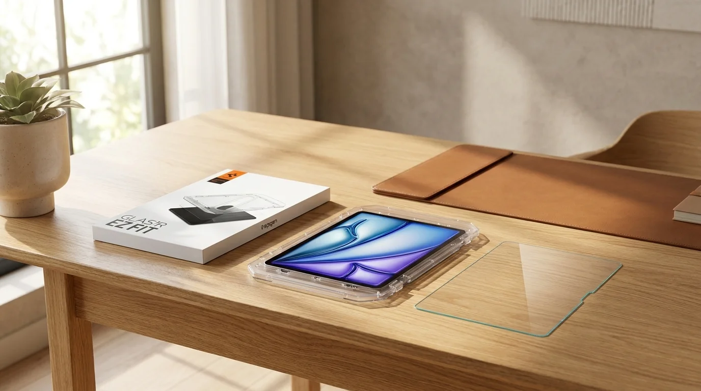 Balení ochranného skla Spigen Glas.tR EZ Fit, iPad v instalačním rámečku a tvrzené sklo na stole.