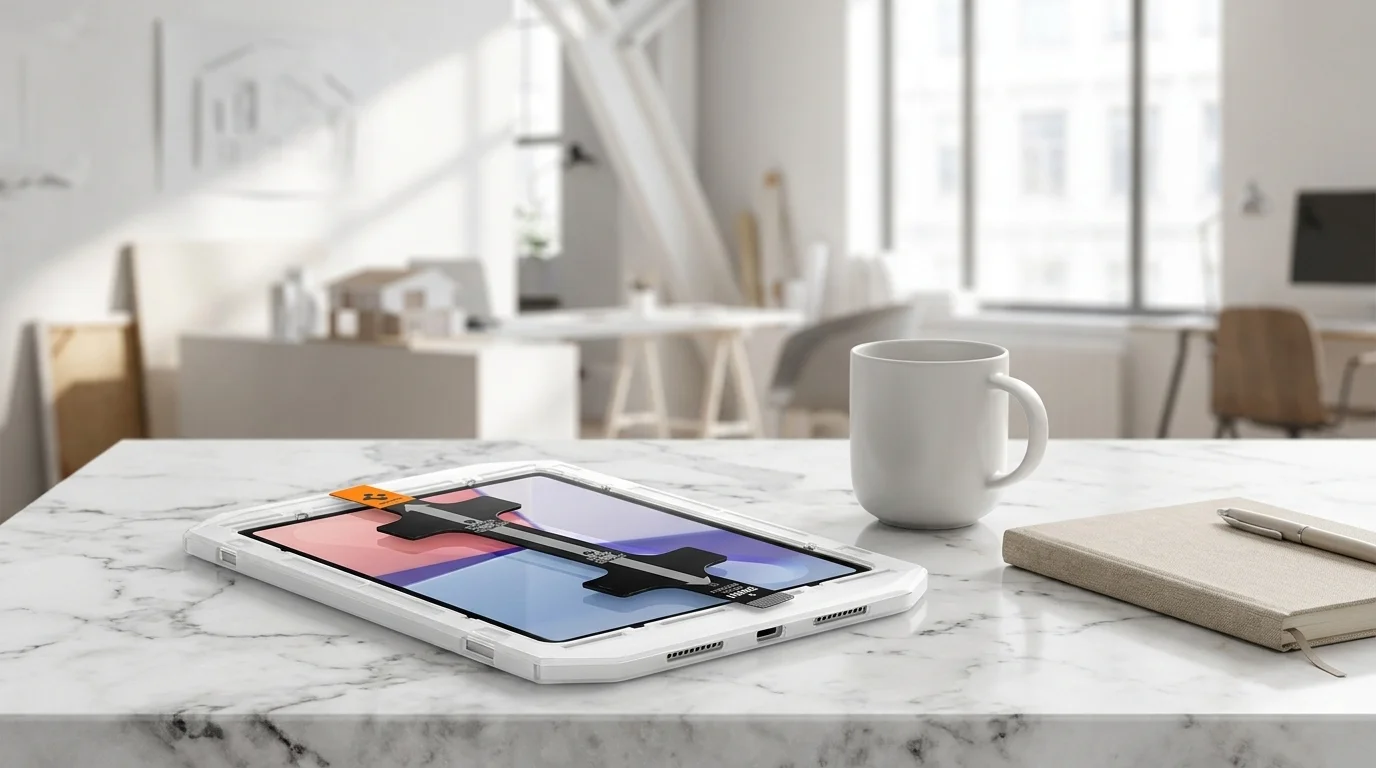 Instalační rámeček ochranného skla Spigen Glas.tR EZ Fit nasazený na tabletu iPad na mramorovém stole.
