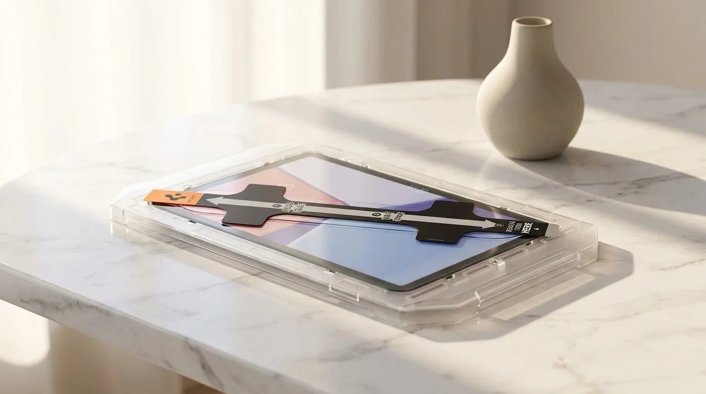 Tablet v průhledném aplikačním rámečku Spigen EZ Fit položený na mramorovém stole vedle dekorativní vázy.