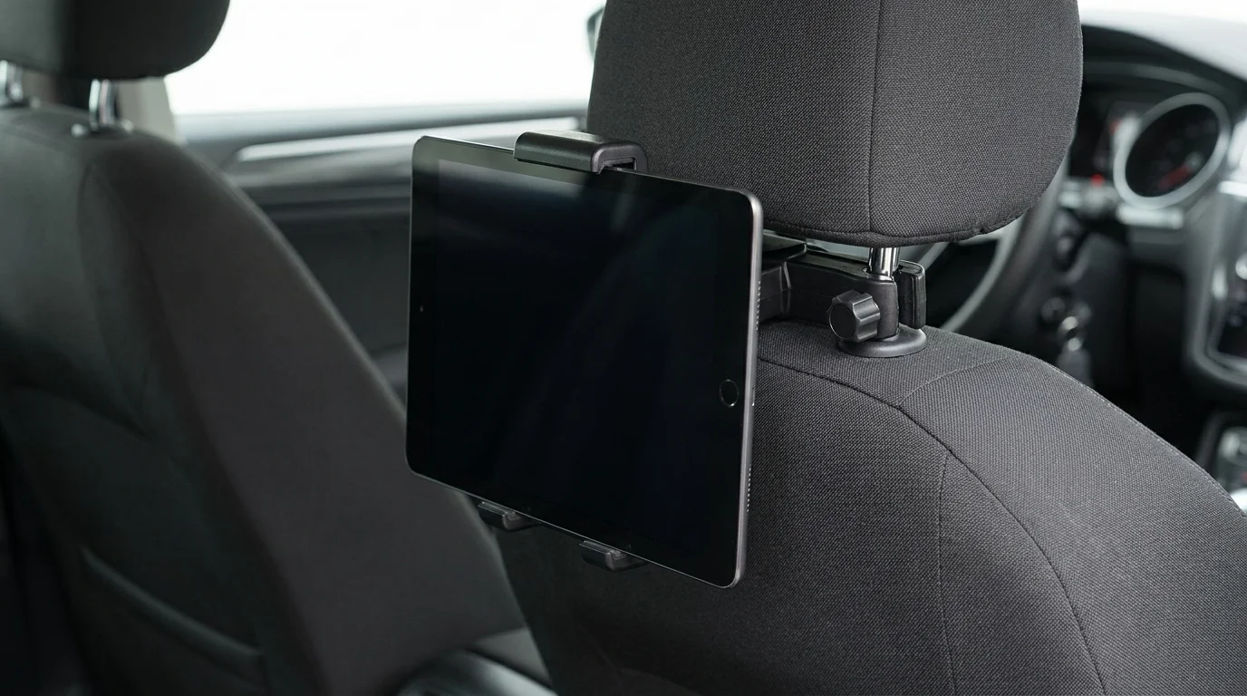 Držiak na tablet Yenkee YST 420 pripevnený na opierke hlavy predného sedadla s vloženým tabletom.