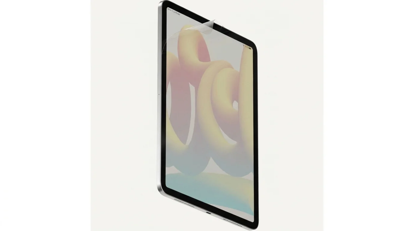 Matná ochranná fólie Paperlike s odchlípnutým horním rohem na displeji tabletu iPad Pro.