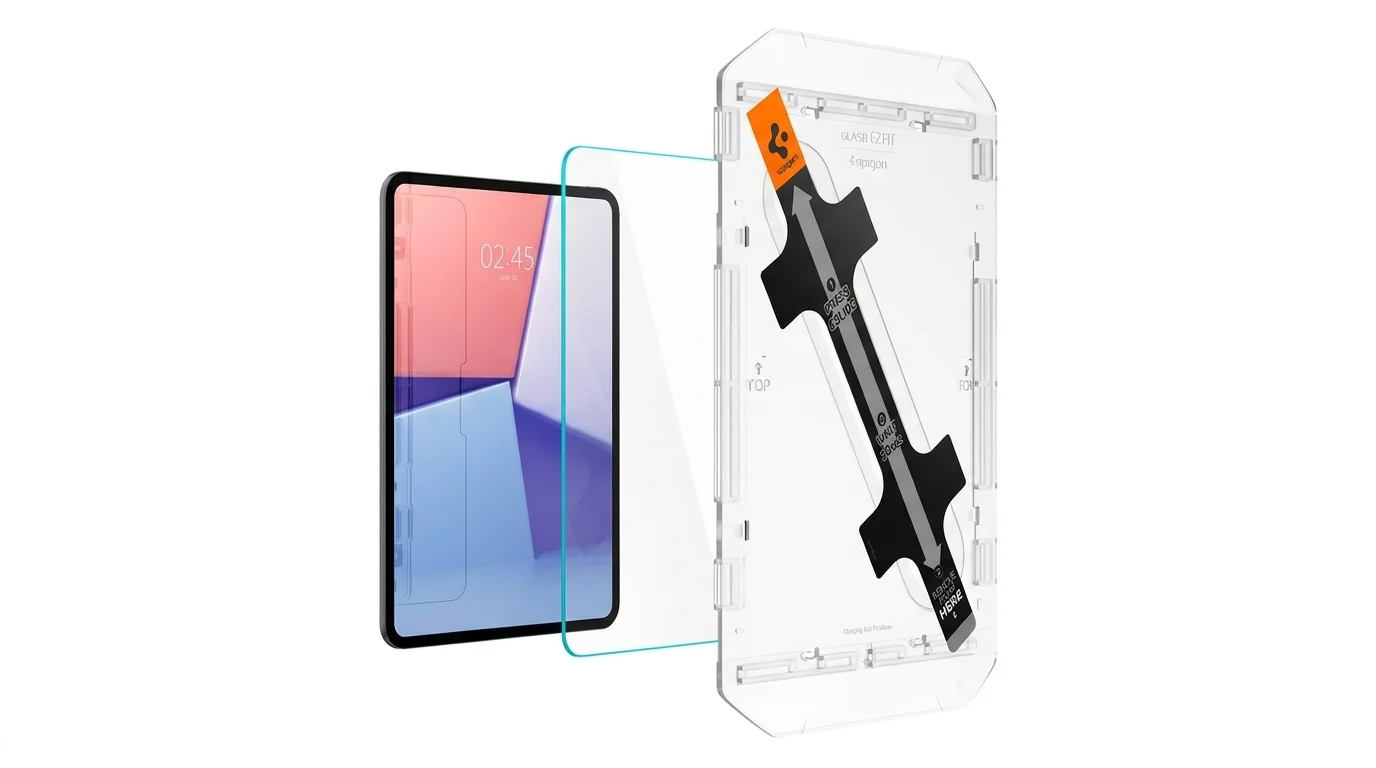 Tvrzené sklo Spigen Glas.tR EZ Fit s průhledným instalačním rámečkem zobrazené u tabletu iPad Pro.