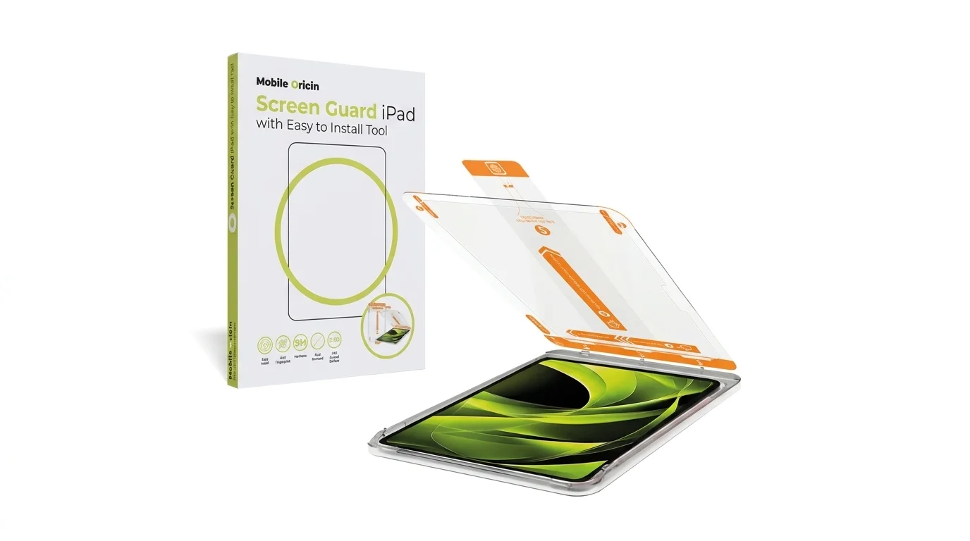 Balení a aplikace ochranného skla Mobile Origin s instalačním rámečkem na displej iPadu.