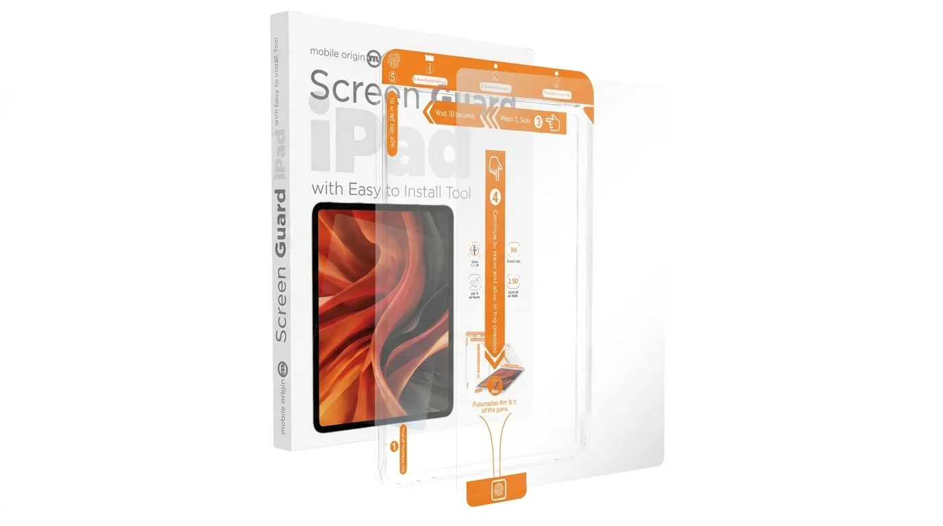 Balení ochranného skla Mobile Origin Screen Guard pro iPad s instalačním rámečkem a ochranným sklem.