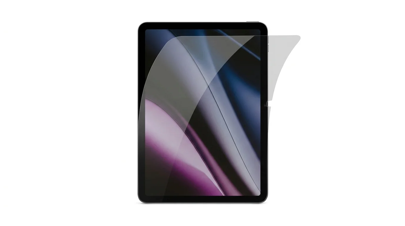 Flexibilní průhledné ochranné sklo Epico Flexiglass přikládané na displej tabletu iPad.