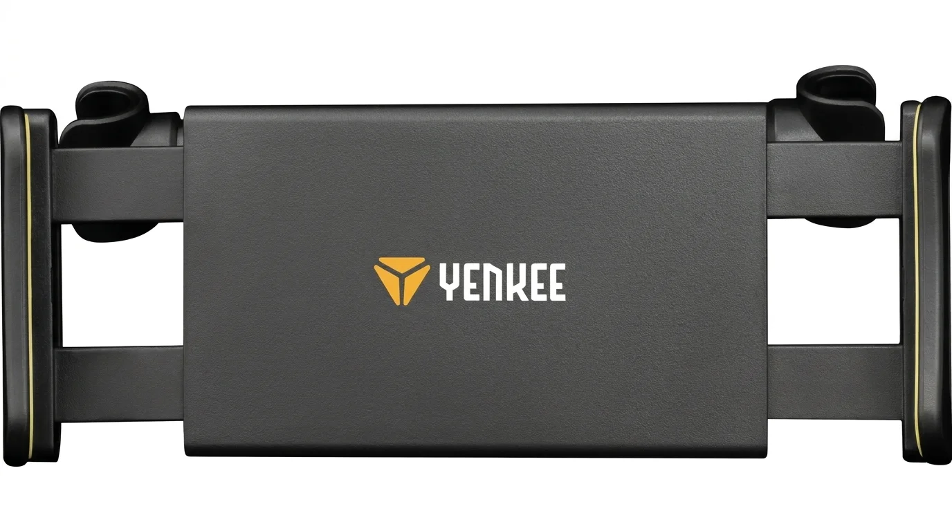 Čierny držiak na tablet do auta Yenkee YST 410 s vysúvacími čeľusťami a logom v strede.