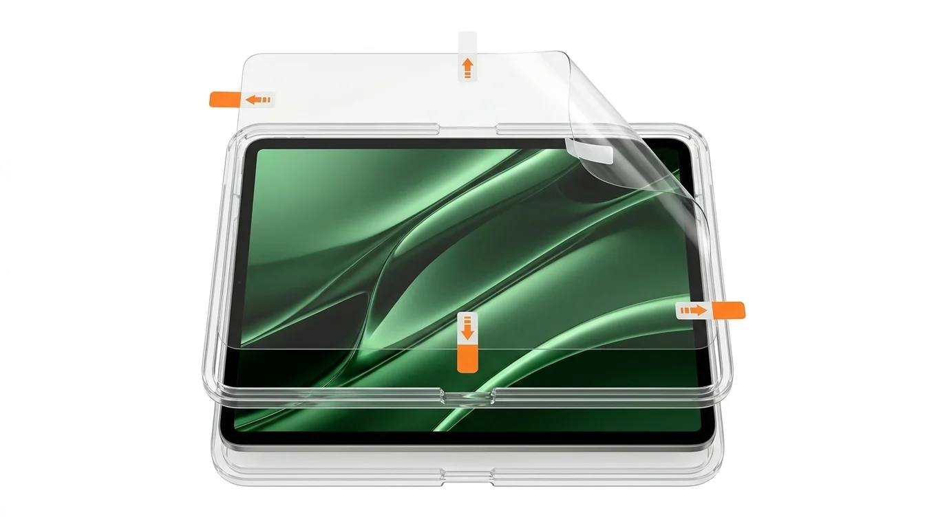 Ochranné sklo s vodicími štítky a průhledný instalační rámeček pro aplikaci na displej tabletu iPad Pro.