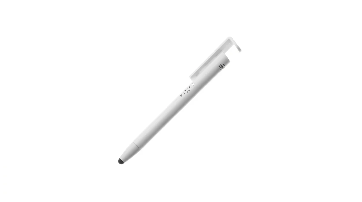 Bílé dotykové pero Fixed Pen 3v1 s černým gumovým hrotem a klipem na čistě bílém pozadí.