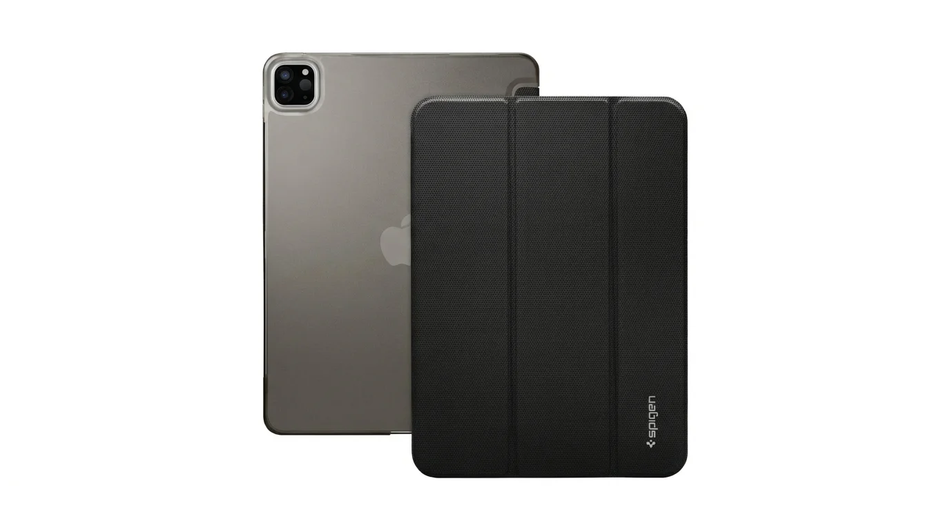 Černé pouzdro Spigen Liquid Air Folio pro iPad Pro 11 s průhlednou zadní stranou a skládacím předním krytem.