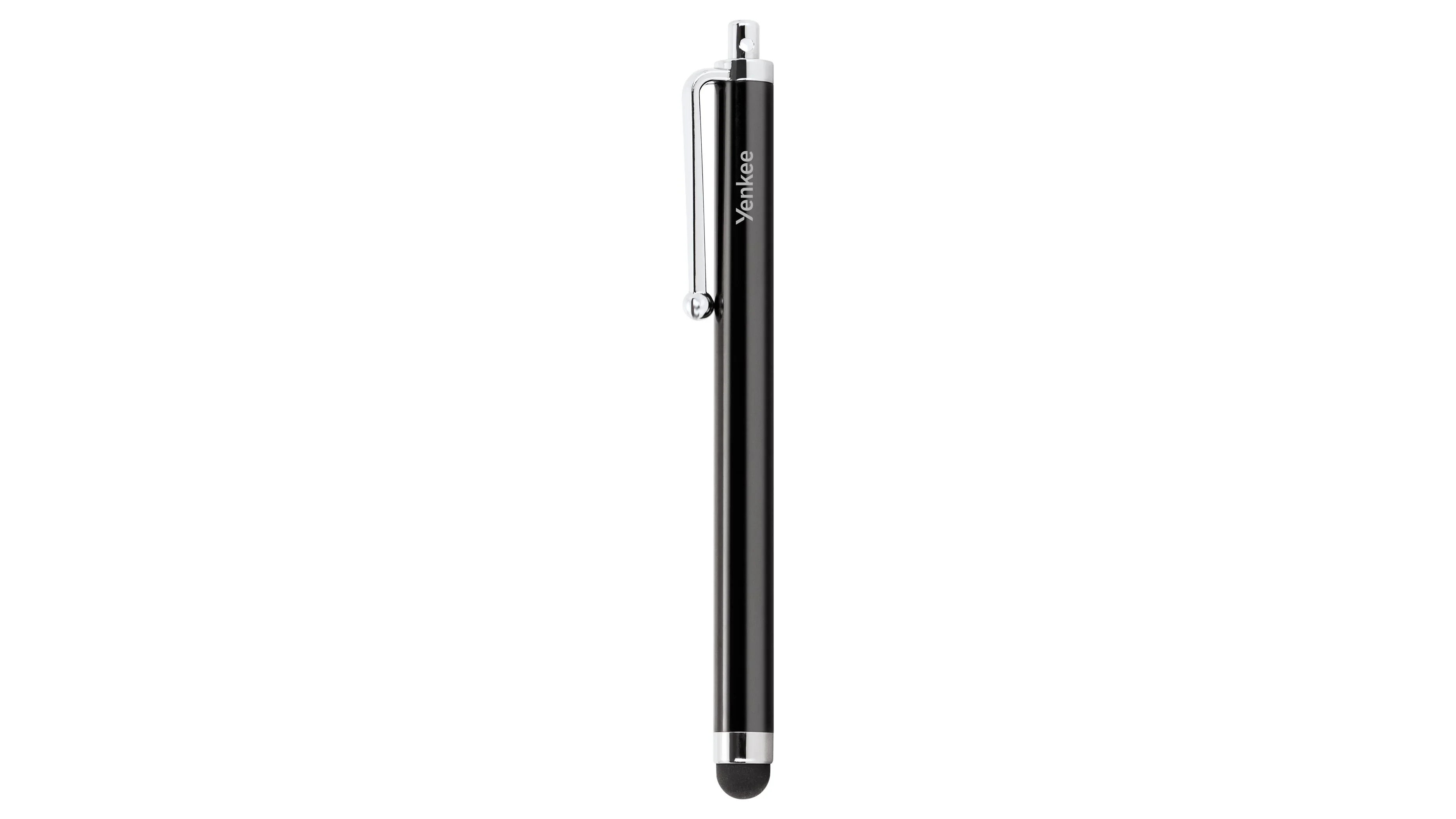 Čierny dotykový stylus Yenkee YTP P1 s klipom a zaobleným gumovým hrotom.