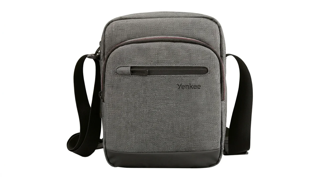 Sivá brašňa na tablet Yenkee s ramenným popruhom a predným vreckom na zips.