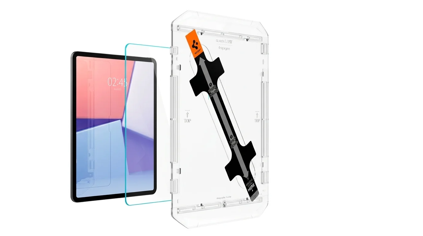 Instalační rámeček a tvrzené ochranné sklo Spigen Glas.tR EZ Fit zarovnané před displejem tabletu iPad.
