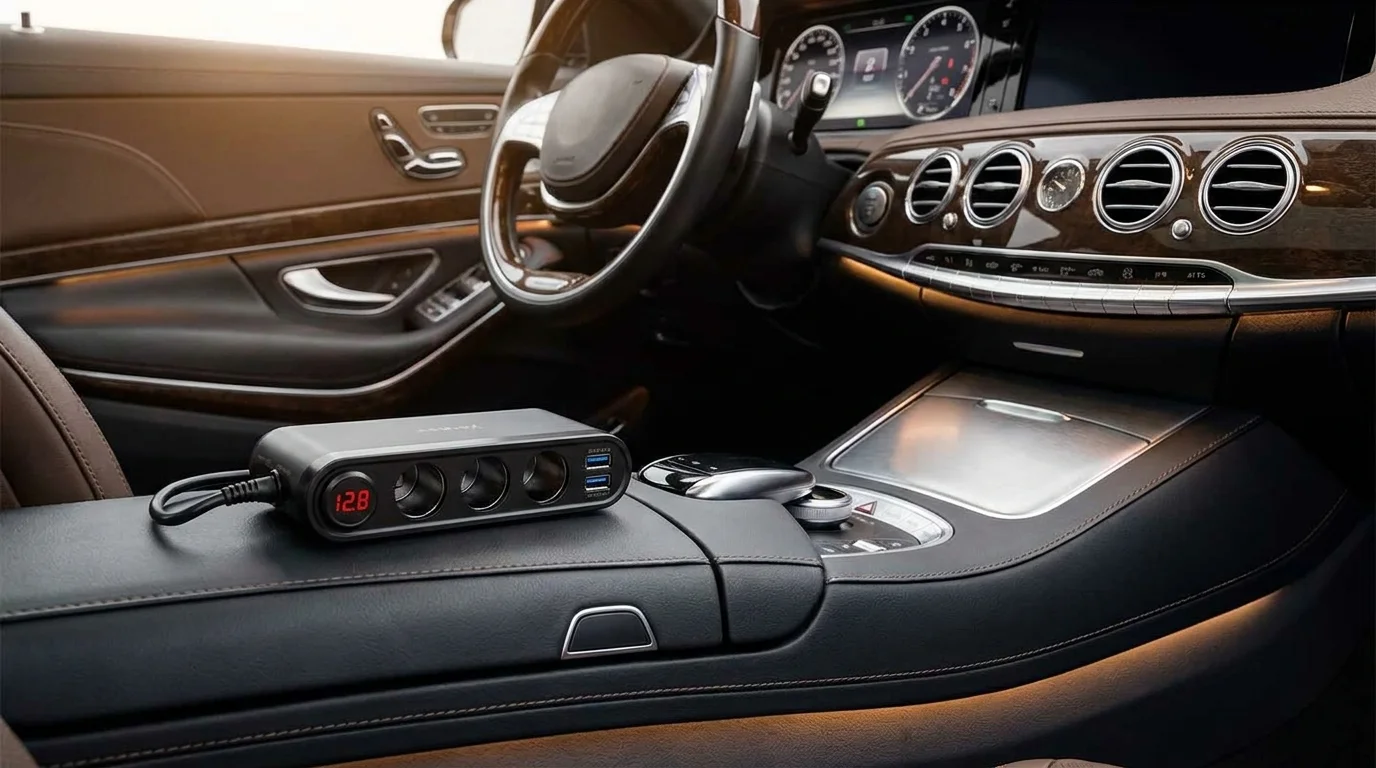 Zásuvka do auta Yenkee YAC 470 s LED displejem a napájecími porty na středové konzoli automobilu.