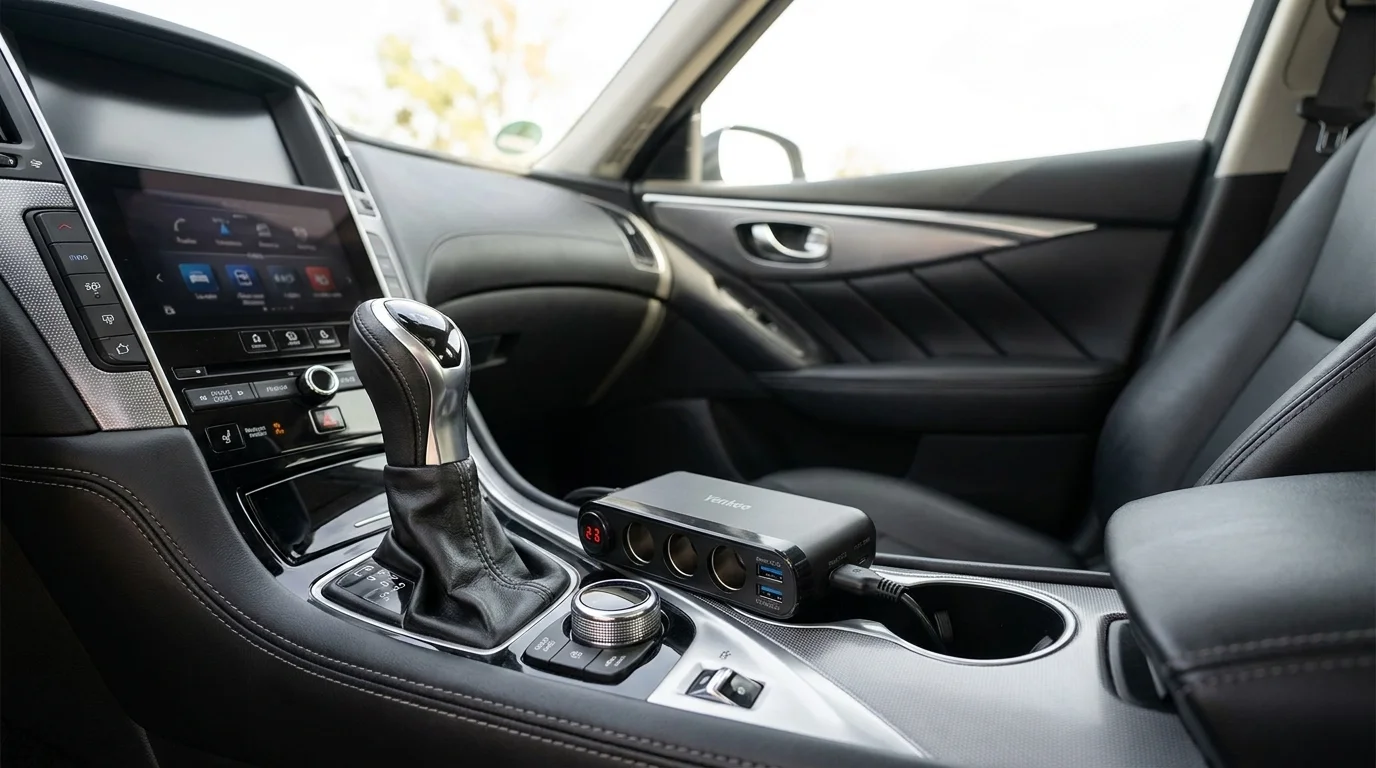 Zásuvka do auta Yenkee YAC 470 umístěná na středové konzoli automobilu vedle řadicí páky.