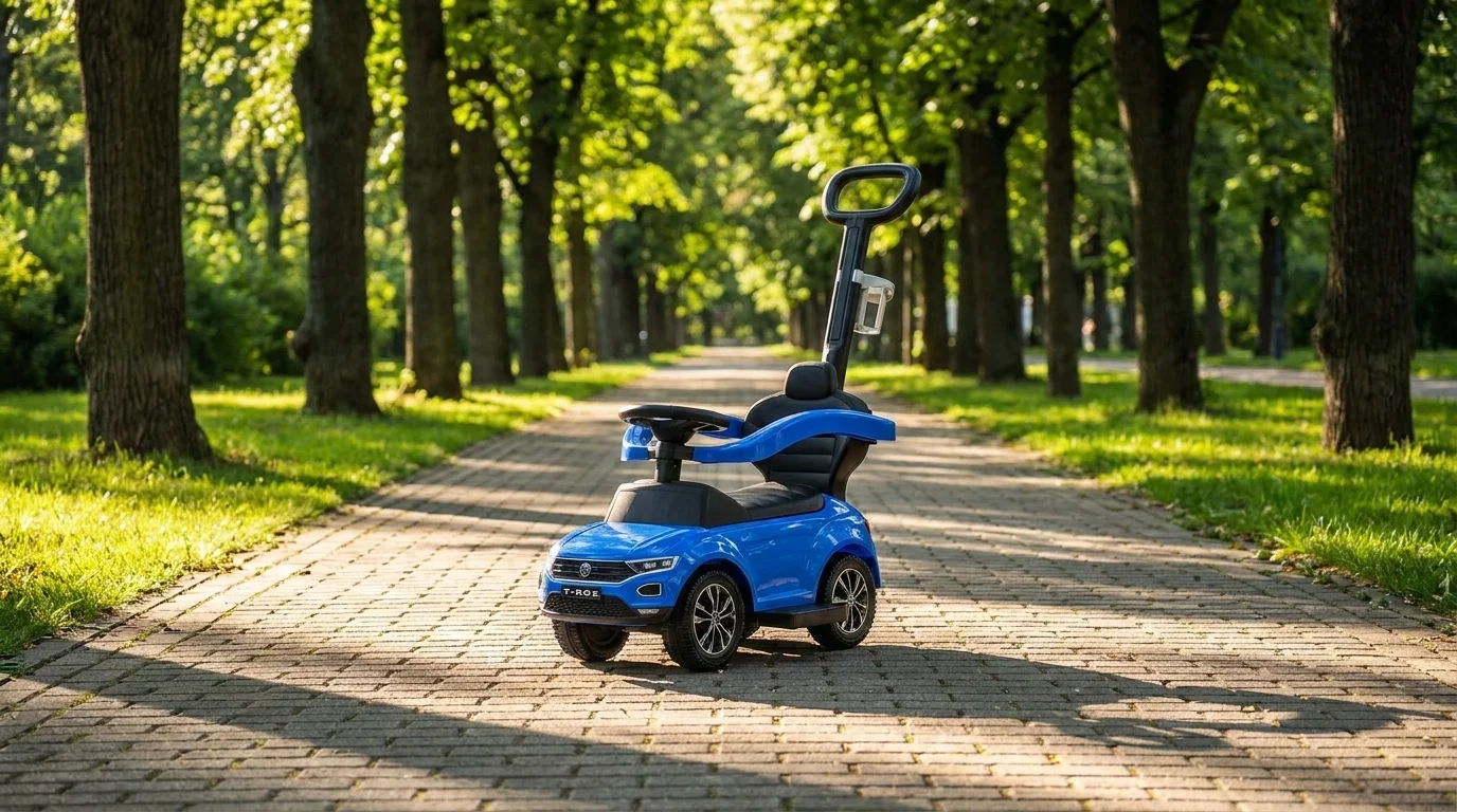 Modré detské odrážadlo Buddy Toys VW T-ROC s vodiacou tyčou a držiakom na nápoje stojí na chodníku v parku.