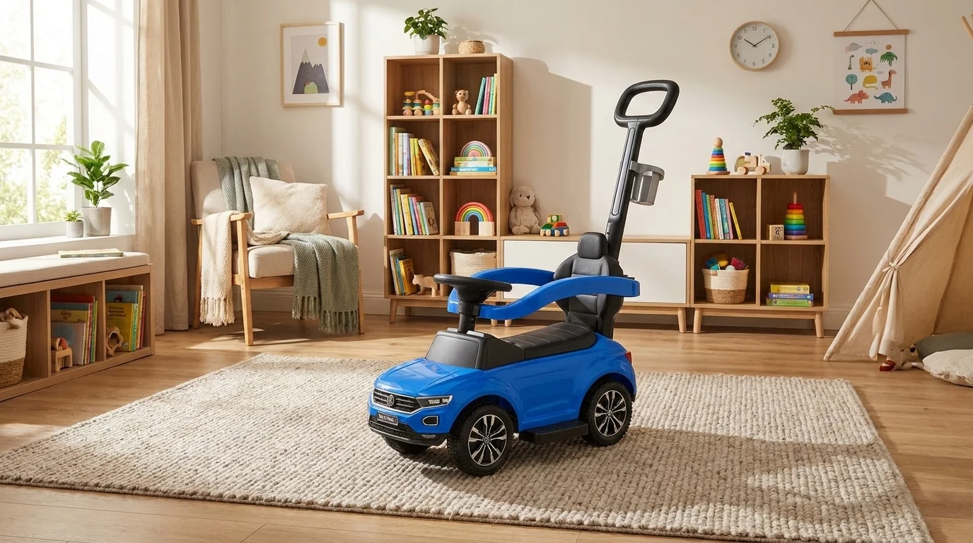 Modré detské odrážadlo Buddy Toys VW T-ROC s vodiacou tyčou a bezpečnostnou ohrádkou v detskej izbe.