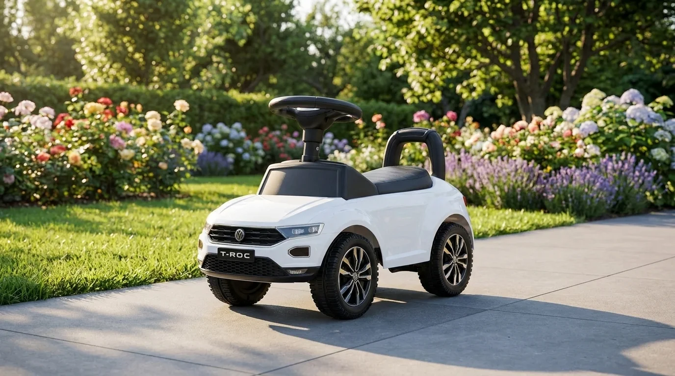 Bílé dětské odrážedlo Buddy Toys VW T-ROC s černým volantem stojící na chodníku v zahradě.
