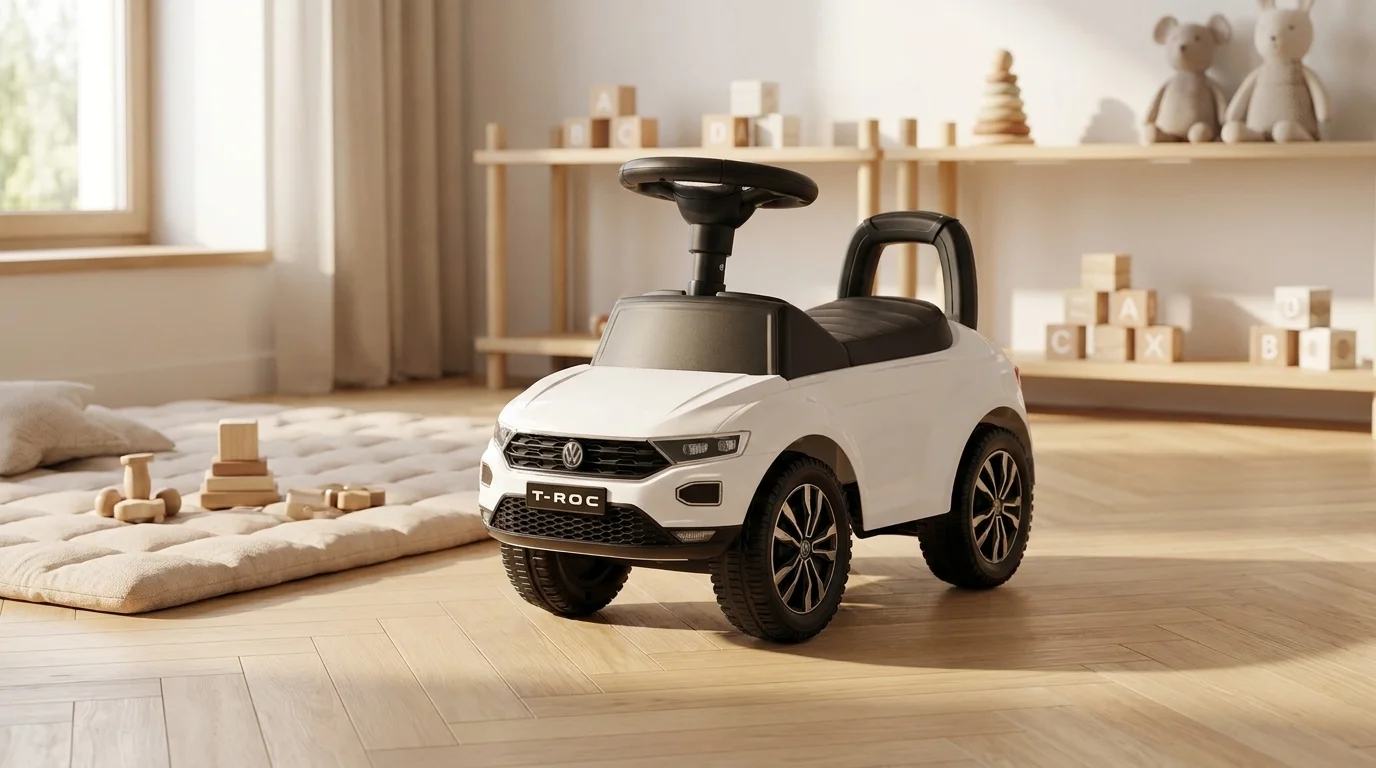 Bílé dětské odrážedlo Buddy Toys BPC 5160 VW T-ROC s opěrkou zad a volantem v dětském pokoji.