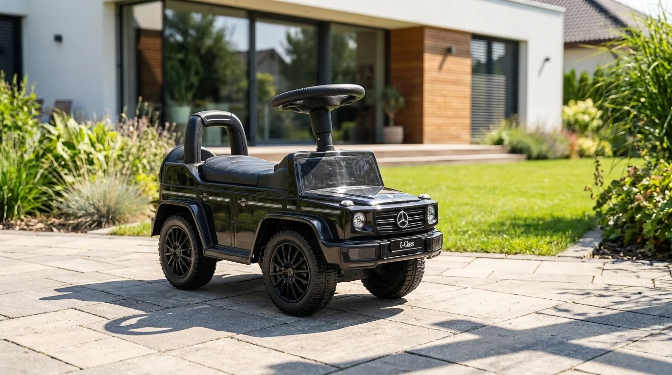 Čierne detské odrážadlo Buddy Toys Mercedes G350d stojace na dláždenej terase pred záhradou rodinného domu.