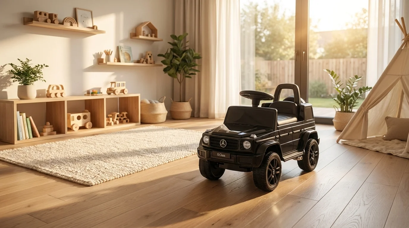 Čierne detské odrážadlo Buddy Toys Mercedes-Benz G350d stojace na drevenej podlahe v slnečnej detskej izbe.