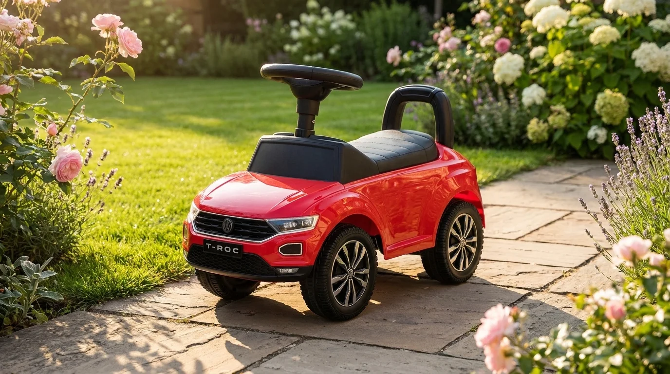 Červené detské odrážadlo Volkswagen T-ROC stojí na kamennom chodníku v rozkvitnutej záhrade.