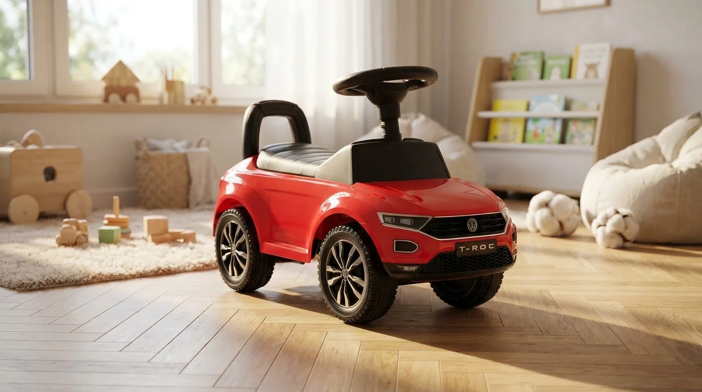 Červené detské odrážadlo Buddy Toys VW T-ROC s volantom a opierkou na drevenej podlahe v detskej izbe.