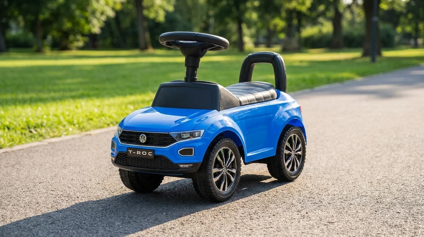 Modré dětské odrážedlo Buddy Toys VW T-ROC s černým volantem a opěrkou stojící na asfaltové cestě v parku.