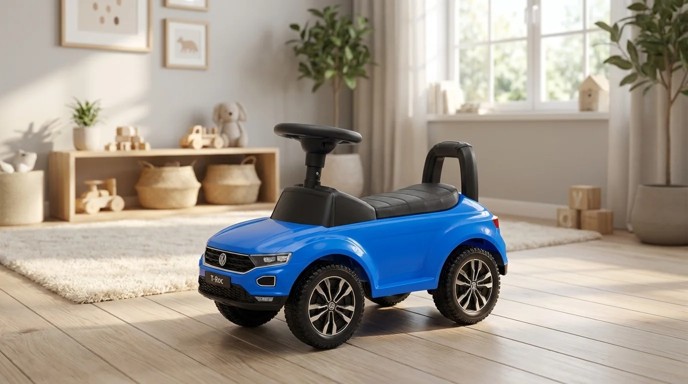 Modré dětské odrážedlo Volkswagen T-ROC s černým sedátkem a volantem stojící na podlaze ve světlém pokoji.