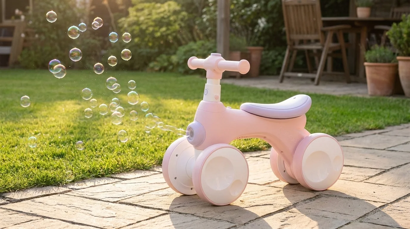 Růžové dětské odrážedlo MoMi TOBIS na zahradní cestě vypouštějící mýdlové bubliny z přední části.