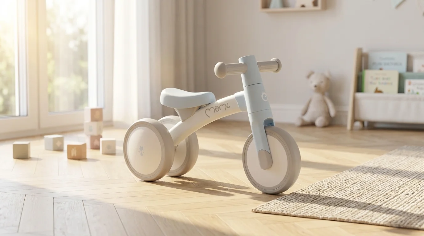 Dětské tříkolové odrážedlo MoMi TEDI v modro-krémovém provedení stojící na dřevěné podlaze v pokoji.